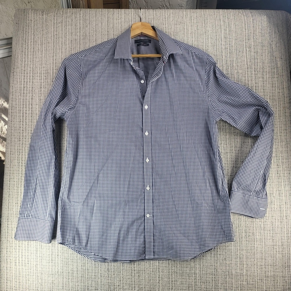 Tommy Hilfiger Shirt Mens Extra Large Navy White Check THFlex Slim Fit Stretch